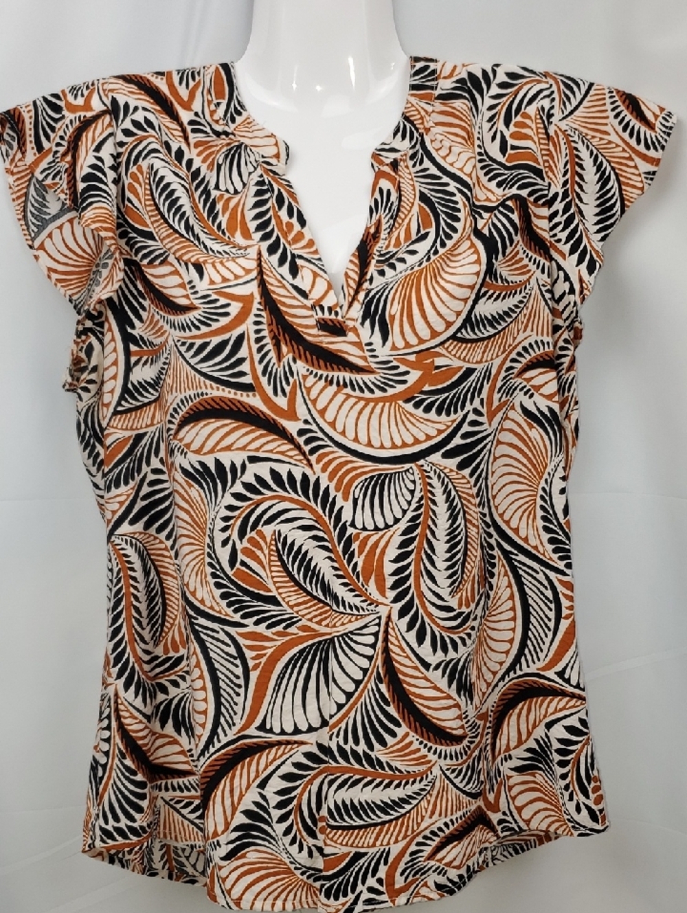 Haver London Black & Apricot Leaf-Print Flutter Sleeve Tunic. Tribal-like.